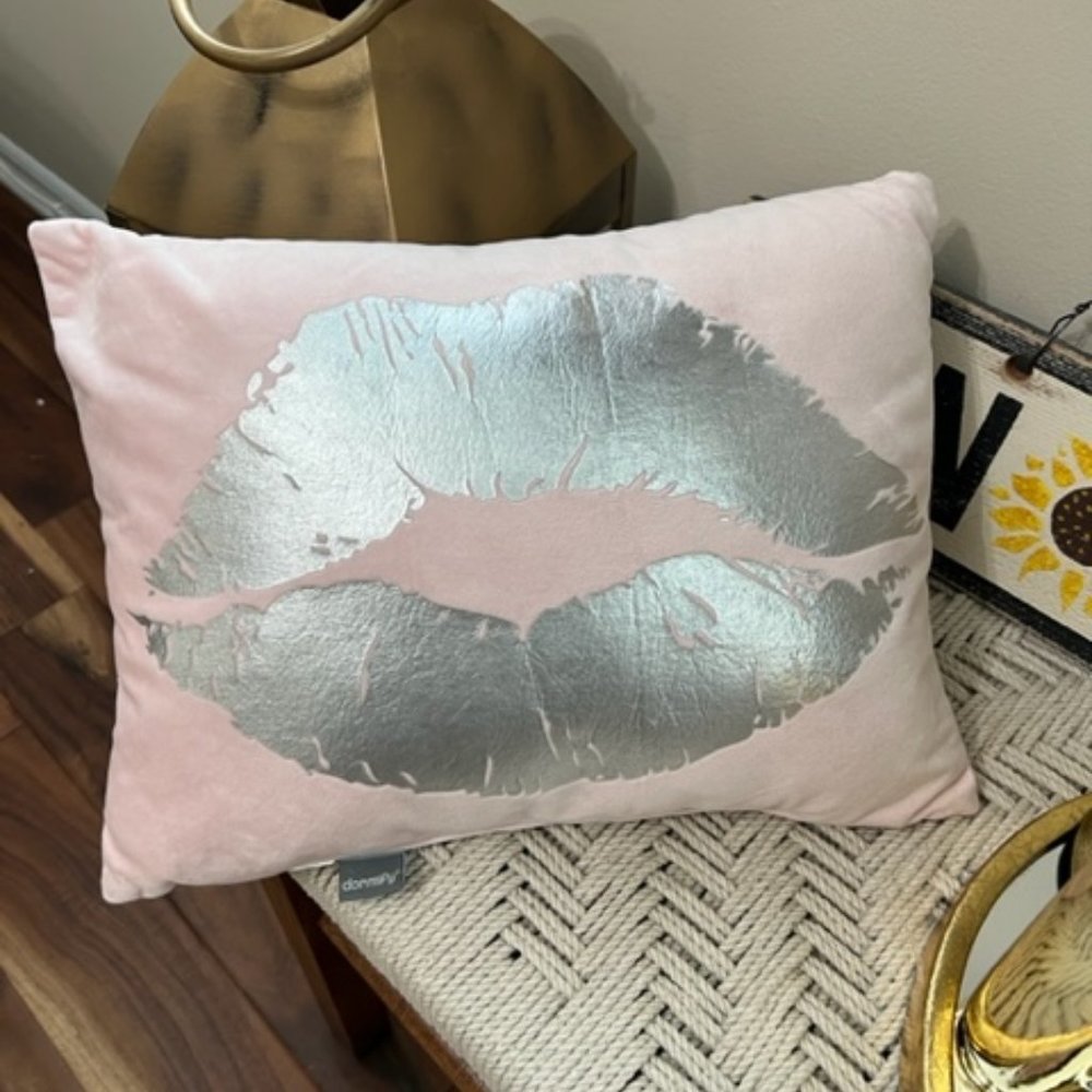 Dormify Pink Silver Big Lips Velvet Decorative Pillow